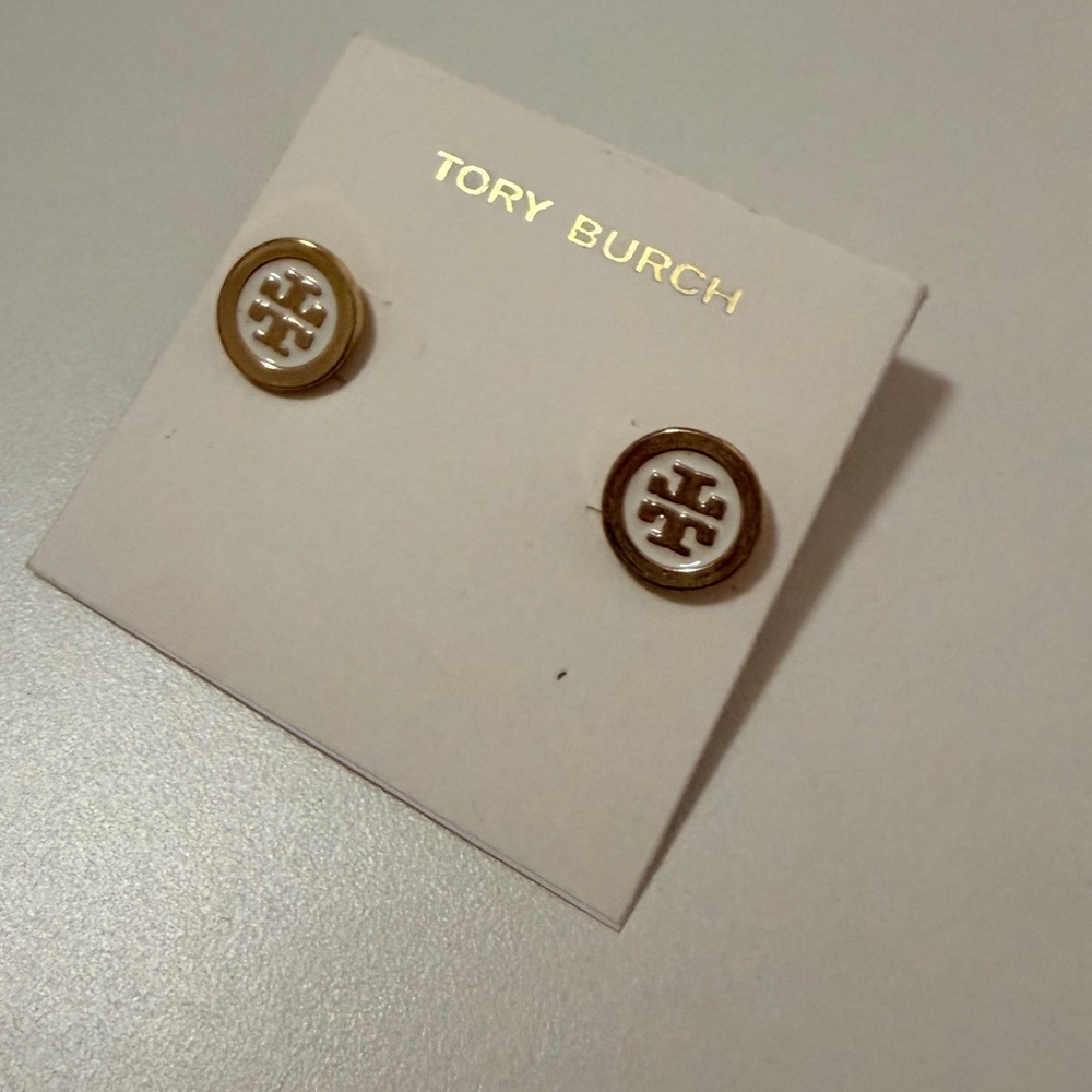 Tory Burch Gold and Cream Logo Stud Earrings